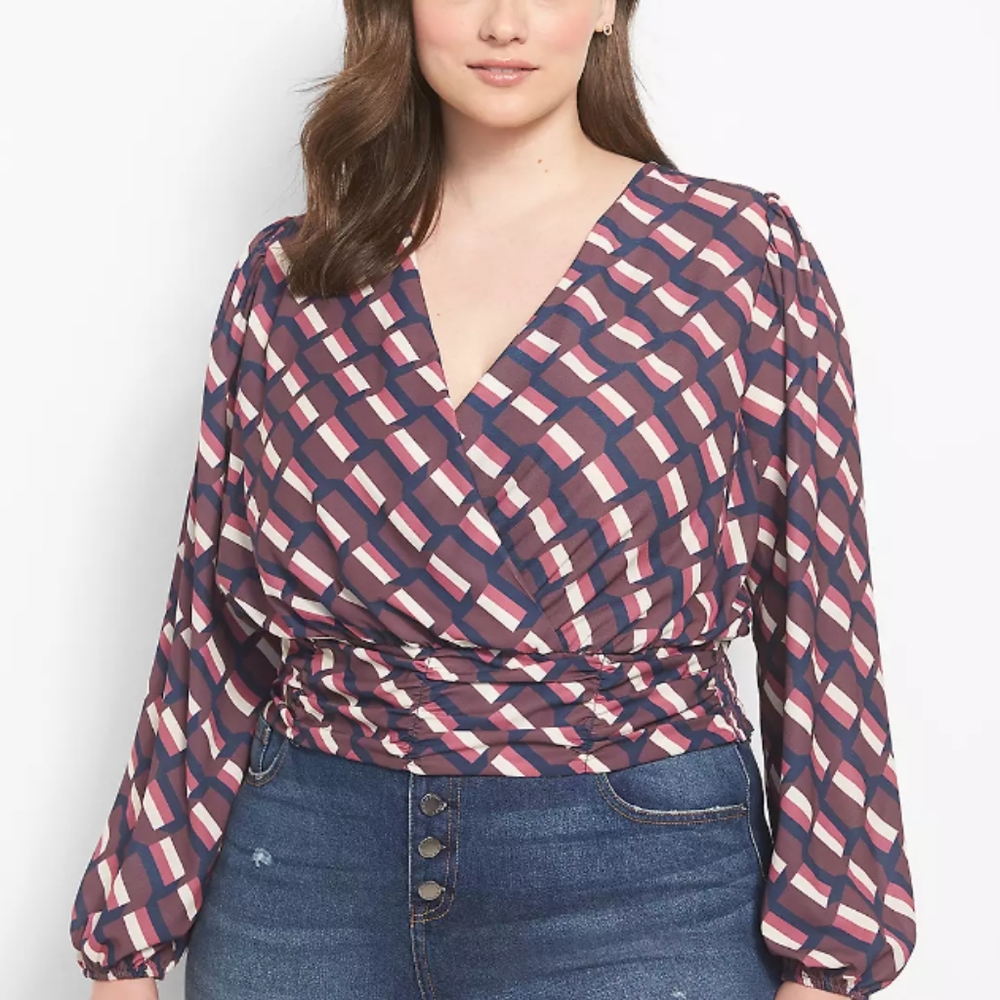 Lane Bryant Size 22 Long Sleeve Lightweight Crop Blouse Burgundy Pink Navy Cream